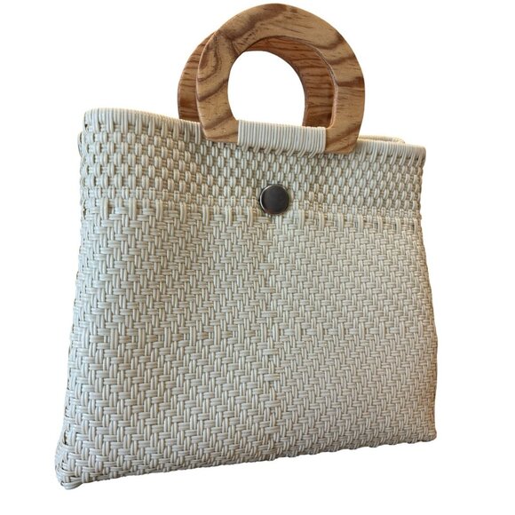 Women’s Woven Tote Wicker/Rattan Style Ivory Wooden Handle Med-large Chic Modern - Picture 2 of 8
